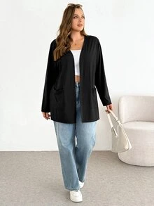 SHEIN Essnce Plus Size Women's Fashion Casual Loose Comfortable Basic Versatile Long Sleeve Black Cardigan, Spring/Summer Outfit, Minimalist Style, Work Top - Black - View 7