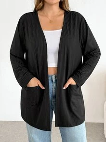 SHEIN Essnce Plus Size Women's Fashion Casual Loose Comfortable Basic Versatile Long Sleeve Black Cardigan, Spring/Summer Outfit, Minimalist Style, Work Top - Black - View 2