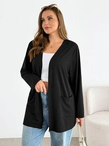 SHEIN Essnce Plus Size Women's Fashion Casual Loose Comfortable Basic Versatile Long Sleeve Black Cardigan, Spring/Summer Outfit, Minimalist Style, Work Top - Black - View 4