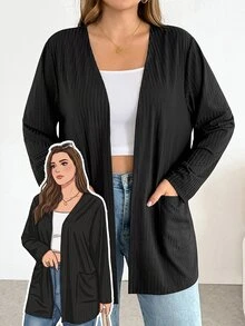 SHEIN Essnce Plus Size Women's Fashion Casual Loose Comfortable Basic Versatile Long Sleeve Black Cardigan, Spring/Summer Outfit, Minimalist Style, Work Top - Black - View 6