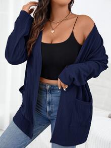 SHEIN Essnce Plus Size Women's Autumn New Fashion Fall Cardigans Jackets Long Sleeves Work Business Casual Commuting Elegant Jacquard Fabric 2 Pockets Hiking Thin - Royal Blue - View 5