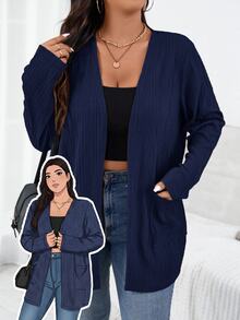 SHEIN Essnce Plus Size Women's Autumn New Fashion Fall Cardigans Jackets Long Sleeves Work Business Casual Commuting Elegant Jacquard Fabric 2 Pockets Hiking Thin - Royal Blue - View 2