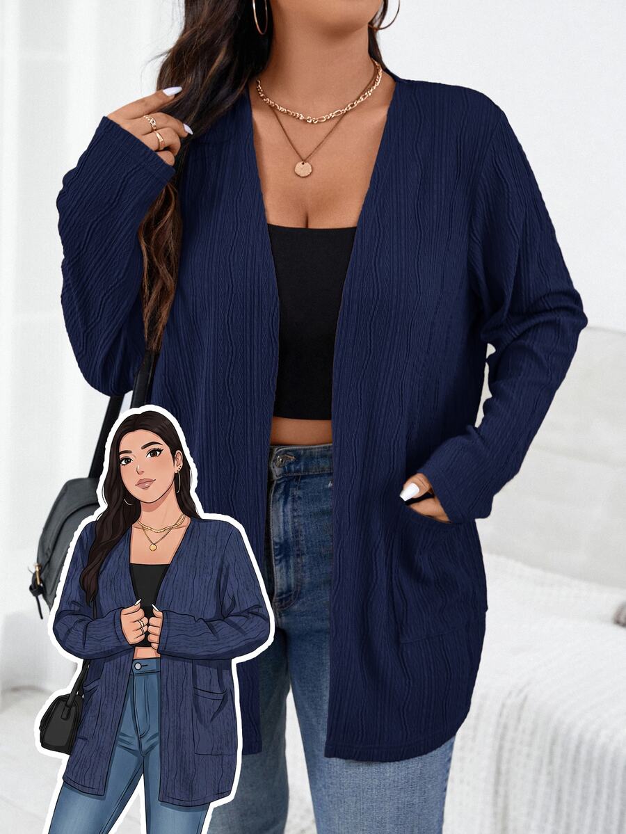 SHEIN Essnce Plus Size Women's Autumn New Fashion Fall Cardigans Jackets Long Sleeves Work Business Casual Commuting Elegant Jacquard Fabric 2 Pockets Hiking Thin