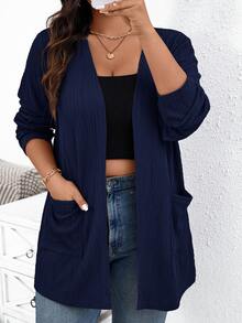 SHEIN Essnce Plus Size Women's Autumn New Fashion Fall Cardigans Jackets Long Sleeves Work Business Casual Commuting Elegant Jacquard Fabric 2 Pockets Hiking Thin - Royal Blue - View 4