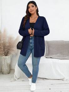 SHEIN Essnce Plus Size Women's Autumn New Fashion Fall Cardigans Jackets Long Sleeves Work Business Casual Commuting Elegant Jacquard Fabric 2 Pockets Hiking Thin - Royal Blue - View 6