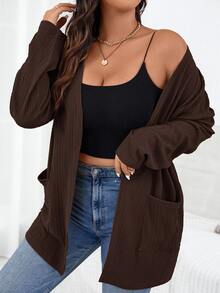 SHEIN Essnce 大尺碼女款秋季新款時尚長袖純色口袋外套/冬季辦公通勤黑色休閒正裝 - 咖啡棕 - 查看 5