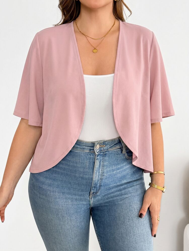 SHEIN Essnce Plus-Size Women's Pink And Grey Short-Sleeved Cardigan,Autumn Casual Office Basic Versatile Summer Coats, Tops,Comfortable Vacation Outfits Fall - Pink - View 7