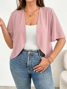 SHEIN Essnce 大码女装春夏时尚休闲舒适日常百搭短袖黑色开衫，夏季外套，外出上衣，办公穿着，度假装扮 - 粉色 - 查看 9