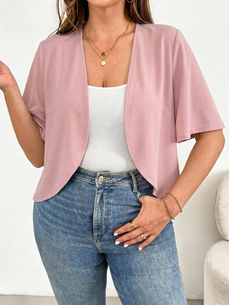 SHEIN Essnce Plus-Size Women's Pink And Grey Short-Sleeved Cardigan,Autumn Casual Office Basic Versatile Summer Coats, Tops,Comfortable Vacation Outfits Fall - Pink - View 9