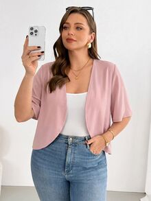 SHEIN Essnce 大码女装春夏时尚休闲舒适日常百搭短袖黑色开衫，夏季外套，外出上衣，办公穿着，度假装扮 - 粉色 - 查看 5