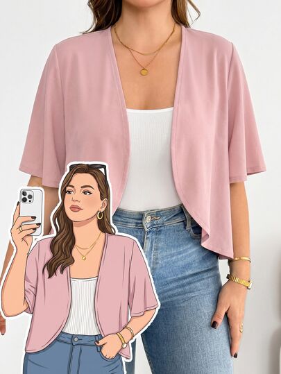 SHEIN Essnce 大码女装春夏时尚休闲舒适日常百搭短袖黑色开衫，夏季外套，外出上衣，办公穿着，度假装扮