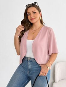 SHEIN Essnce 大码女装春夏时尚休闲舒适日常百搭短袖黑色开衫，夏季外套，外出上衣，办公穿着，度假装扮 - 粉色 - 查看 4