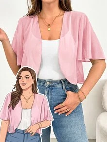 SHEIN Essnce 大尺碼女款秋季時尚休閒優雅寬鬆透視雪紡洋紅色短袖開襟外套 防曬上衣 郵輪度假穿搭 - 粉色 - 查看 5