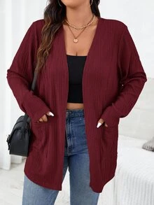 SHEIN Essnce Plus Size Casual Solid Color Double Pocket Jacket, Autumn/Winter Fall - Burgundy - View 9