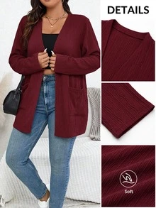SHEIN Essnce Plus Size Casual Solid Color Double Pocket Jacket, Autumn/Winter Fall - Burgundy - View 7