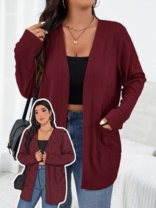 SHEIN Essnce Plus Size Casual Solid Color Double Pocket Jacket, Autumn/Winter Fall - Burgundy - View 2