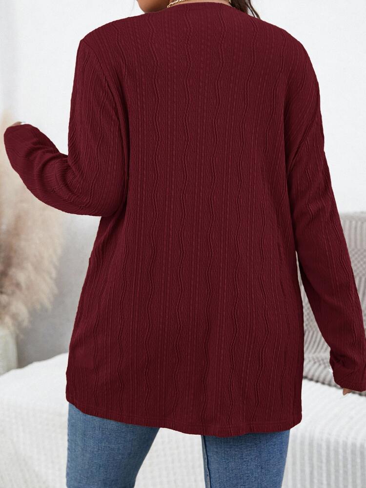 SHEIN Essnce Plus Size Casual Solid Color Double Pocket Jacket, Autumn/Winter Fall - Burgundy - View 2