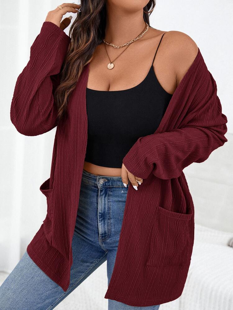 SHEIN Essnce Plus Size Casual Solid Color Double Pocket Jacket, Autumn/Winter Fall - Burgundy - View 4