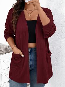 SHEIN Essnce Plus Size Casual Solid Color Double Pocket Jacket, Autumn/Winter Fall - Burgundy - View 4