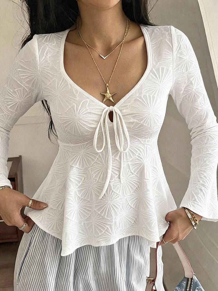DAZY Women's Korean Style Gentle Jacquard Tie-Up Asymmetrical Hem T-Shirt - White - View 1