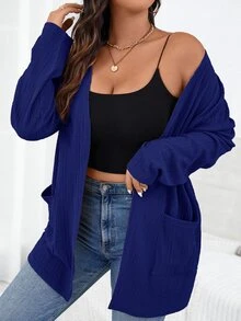 SHEIN Essnce 大尺碼女款秋季新款時尚長袖雙口袋外套，適合辦公室、時裝週，商務休閒風格 - 寶藍色 - 查看 7