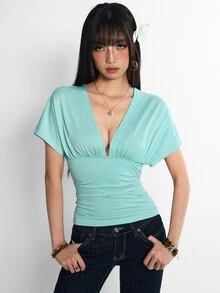 Rina Fox Women's Solid Color Deep V-Neck Tie Shoulder Short Sleeve Fashion Sexy Patchwork Top - Mint Blue - View 6
