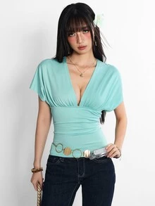 Rina Fox Women's Solid Color Deep V-Neck Tie Shoulder Short Sleeve Fashion Sexy Patchwork Top - Mint Blue - View 7