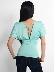 Rina Fox Women's Solid Color Deep V-Neck Tie Shoulder Short Sleeve Fashion Sexy Patchwork Top - Mint Blue - View 2