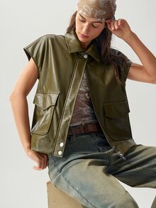 Bohemela Women's Solid Color PU Leather Fashion Versatile Daily Travel Vest Jacket - Army Green - View 3