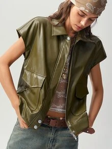 Bohemela Women's Solid Color PU Leather Fashion Versatile Daily Travel Vest Jacket - Army Green - View 5