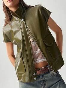Bohemela Women's Solid Color PU Leather Fashion Versatile Daily Travel Vest Jacket - Army Green - View 2