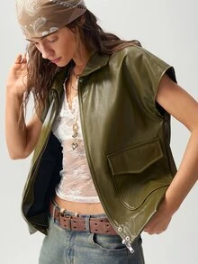 Bohemela Women's Solid Color PU Leather Fashion Versatile Daily Travel Vest Jacket - Army Green - View 1