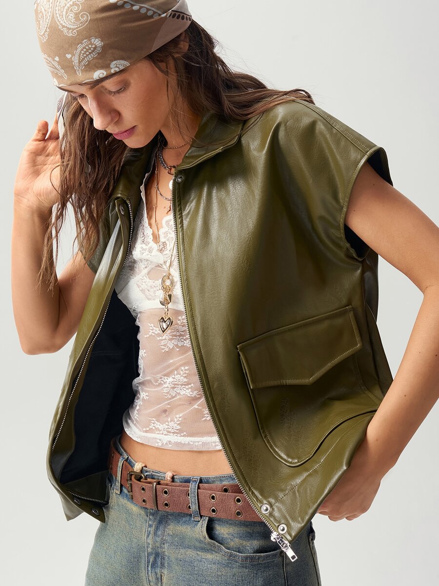 Bohemela Women's Solid Color PU Leather Fashion Versatile Daily Travel Vest Jacket - Army Green - View 1