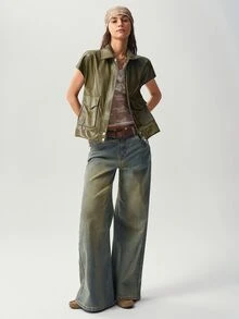 Bohemela Women's Solid Color PU Leather Fashion Versatile Daily Travel Vest Jacket - Army Green - View 6