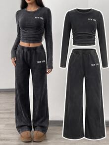 SHEIN 兒童青少年女孩長袖T恤與長褲休閒日常2件套，字母刺繡羅紋長褲，休閒運動返校水洗套裝 - 彩色 - 查看 3