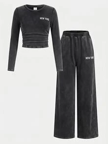 SHEIN 兒童青少年女孩長袖T恤與長褲休閒日常2件套，字母刺繡羅紋長褲，休閒運動返校水洗套裝 - 彩色 - 查看 5
