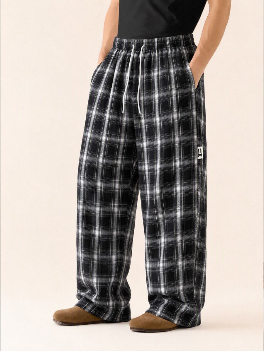 Mainfolk Men's Drawstring Waist Plaid Wide Leg Loose Woven Long Pants