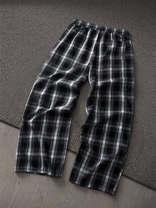 Mainfolk 男士抽繩腰格紋寬腿寬鬆梭織長褲 - 黑與白 - 查看 7