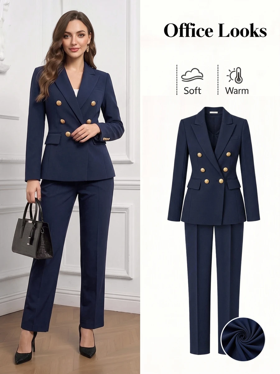 Ellevyn Women's New Summer/ Elegant Casual Classy Professional Blazer Pants Set, Suitable For Commuting Teachers' Day Business Office Formal Navy Blue