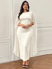 Femmeverse Women's Plus Size Elegant Knit Shawl Long Dress, Mature Sophisticated Style Fall - Apricot - View 4