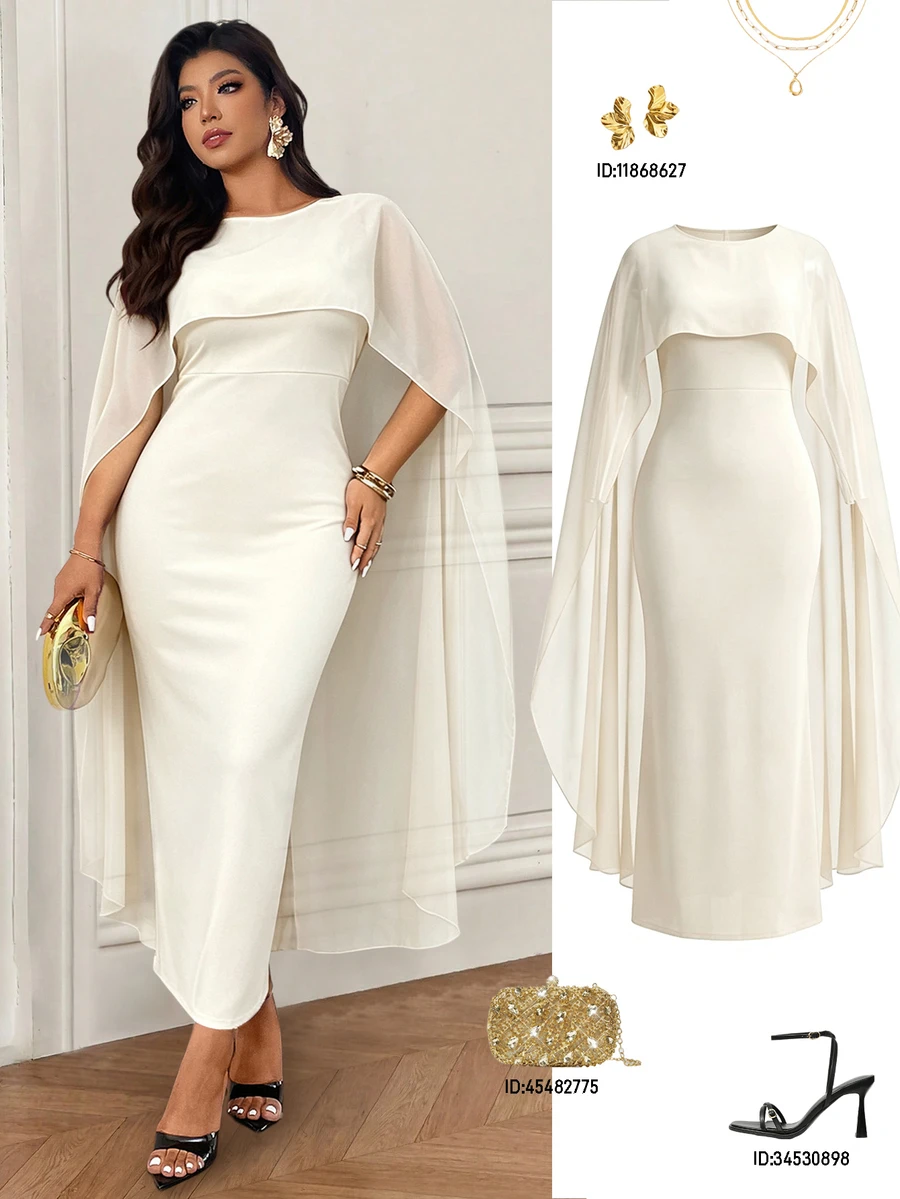 Femmeverse Women's Plus Size Elegant Knit Shawl Long Dress, Mature Sophisticated Style Fall - Apricot - View 1