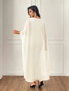 Femmeverse Women's Plus Size Elegant Knit Shawl Long Dress, Mature Sophisticated Style Fall - Apricot - View 2