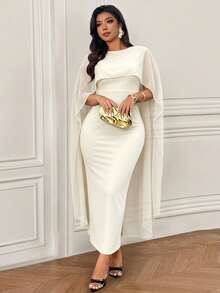Femmeverse Women's Plus Size Elegant Knit Shawl Long Dress, Mature Sophisticated Style Fall - Apricot - View 5