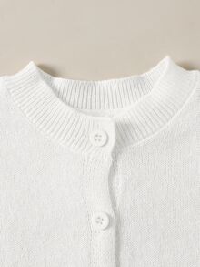 SHEIN 女童秋/冬黃色修身圓領針織開襟毛衣外套，基本款針織開襟衫，適合海邊度假、冷氣房、開學季、優雅聚會等場合，適合秋冬穿著 - 白色 - 查看 3