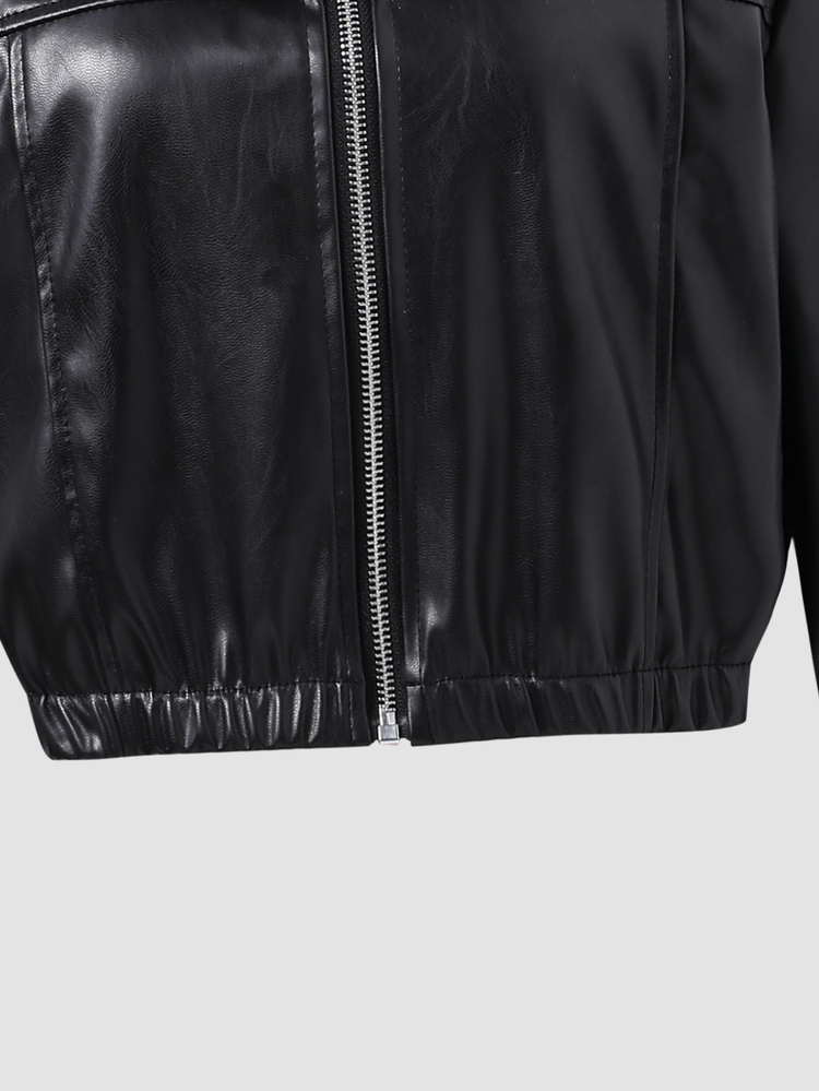 Girls' PU Jacket, Red Short Motorcycle Jacket, Street Style Cool Fashion Jacket - Black - View 5