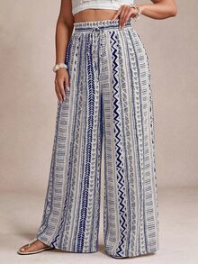 Freevana Women's Plus Size Wide Leg Long Pants Striped Pattern Print Blue And White Elegant Vacation Spring Summer Early Fall Women's Clothing With Pockets - Blue and White - View 5