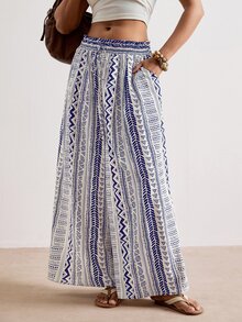Freevana Women's Plus Size Wide Leg Long Pants Striped Pattern Print Blue And White Elegant Vacation Spring Summer Early Fall Women's Clothing With Pockets - Blue and White - View 12