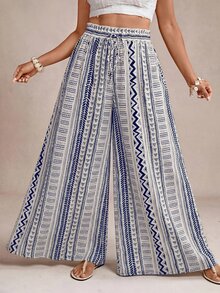 Freevana Women's Plus Size Wide Leg Long Pants Striped Pattern Print Blue And White Elegant Vacation Spring Summer Early Fall Women's Clothing With Pockets - Blue and White - View 3