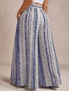 Freevana Women's Plus Size Wide Leg Long Pants Striped Pattern Print Blue And White Elegant Vacation Spring Summer Early Fall Women's Clothing With Pockets - Blue and White - View 2