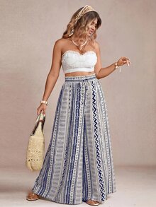 Freevana Women's Plus Size Wide Leg Long Pants Striped Pattern Print Blue And White Elegant Vacation Spring Summer Early Fall Women's Clothing With Pockets - Blue and White - View 4